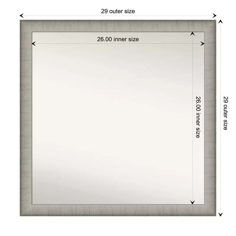 29" x 29" Non-Beveled Elegant Narrow Bathroom Wall Mirror, Brushed Pewter, Square, Wall Mount, Includes Hardware