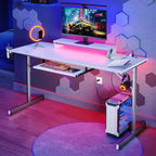 63" Gaming Desk with LED Lights & Power Outlets, Computer Desk with Monitor Stand & Keyboard Tray for Home Office