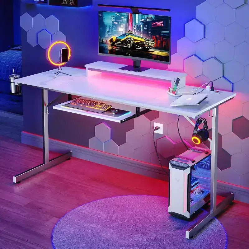 63" Gaming Desk with LED Lights & Power Outlets, Computer Desk with Monitor Stand & Keyboard Tray for Home Office