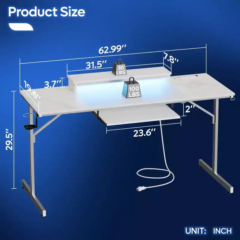 63" Gaming Desk with LED Lights & Power Outlets, Computer Desk with Monitor Stand & Keyboard Tray for Home Office