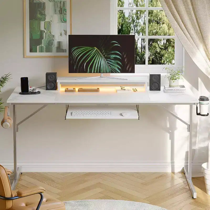 63" Gaming Desk with LED Lights & Power Outlets, Computer Desk with Monitor Stand & Keyboard Tray for Home Office