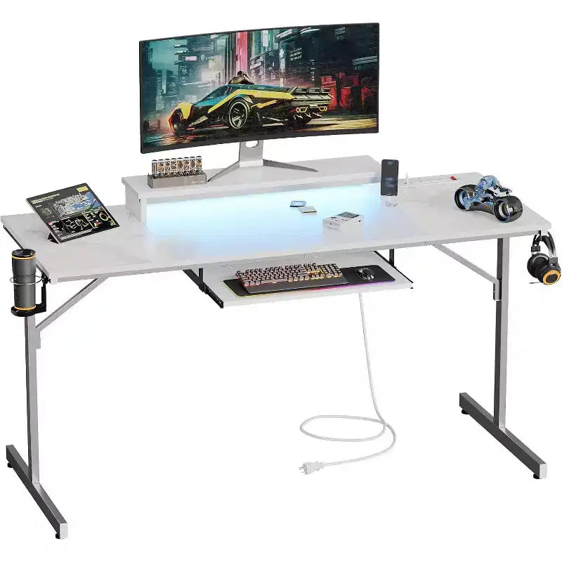 63" Gaming Desk with LED Lights & Power Outlets, Computer Desk with Monitor Stand & Keyboard Tray for Home Office