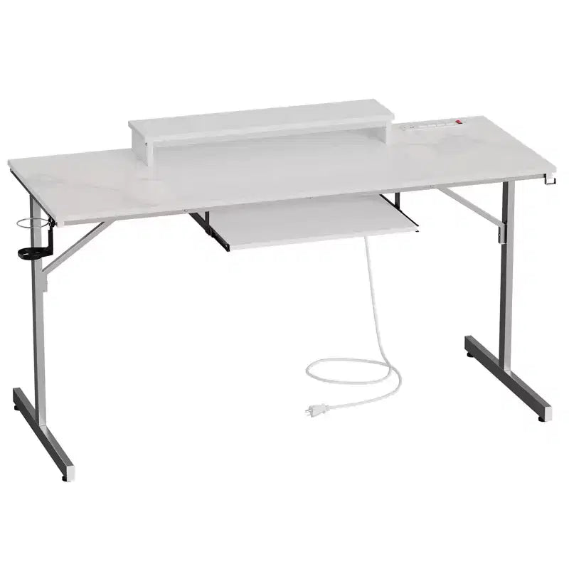 63" Gaming Desk with LED Lights & Power Outlets, Computer Desk with Monitor Stand & Keyboard Tray for Home Office