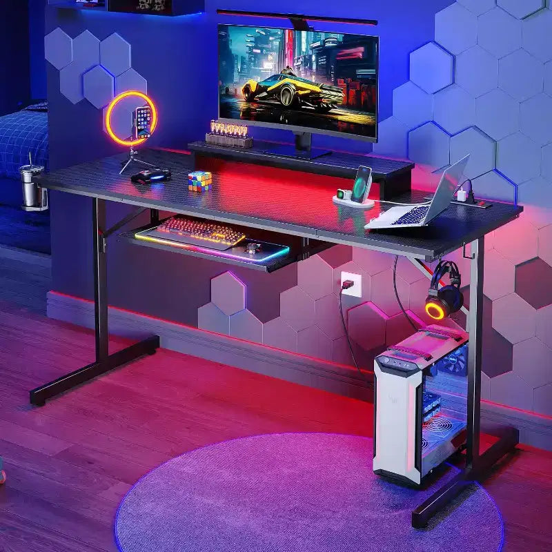63" Gaming Desk with LED Lights & Power Outlets, Computer Desk with Monitor Stand & Keyboard Tray for Home Office