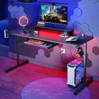 63" Gaming Desk with LED Lights & Power Outlets, Computer Desk with Monitor Stand & Keyboard Tray for Home Office