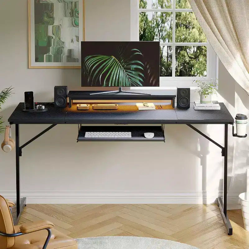 63" Gaming Desk with LED Lights & Power Outlets, Computer Desk with Monitor Stand & Keyboard Tray for Home Office