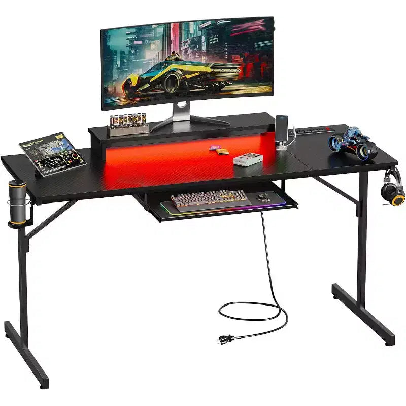 63" Gaming Desk with LED Lights & Power Outlets, Computer Desk with Monitor Stand & Keyboard Tray for Home Office