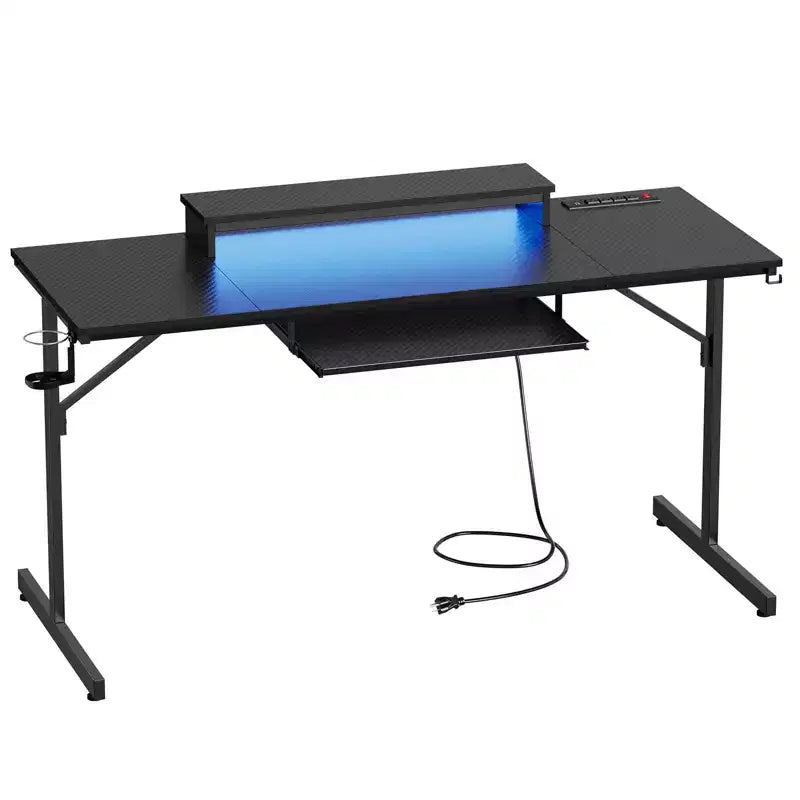 63" Gaming Desk with LED Lights & Power Outlets, Computer Desk with Monitor Stand & Keyboard Tray for Home Office
