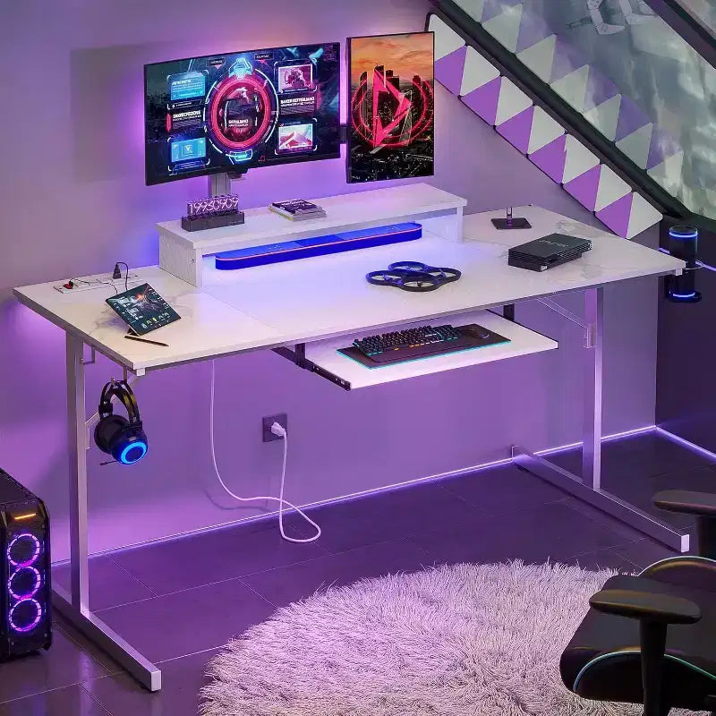 63" Gaming Desk with LED Lights & Power Outlets, Computer Desk with Monitor Stand & Keyboard Tray for Home Office