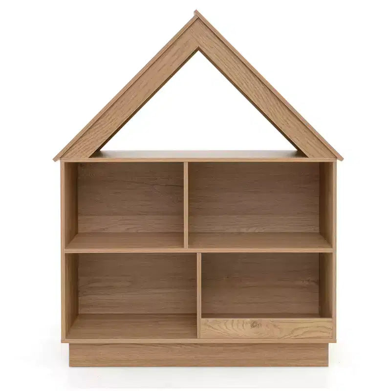 Wooden Kids Dollhouse Bookshelf with Open Shelves, Anti-Toppling System Bookcase, White/Natural