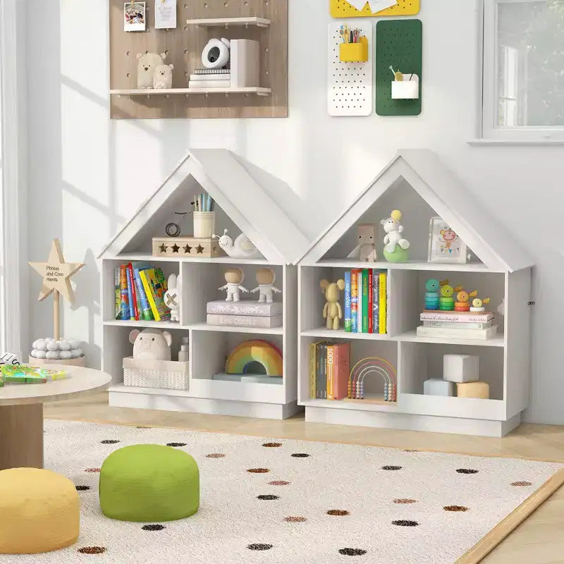 Wooden Kids Dollhouse Bookshelf with Open Shelves, Anti-Toppling System Bookcase, White/Natural