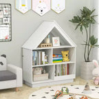 Wooden Kids Dollhouse Bookshelf with Open Shelves, Anti-Toppling System Bookcase, White/Natural