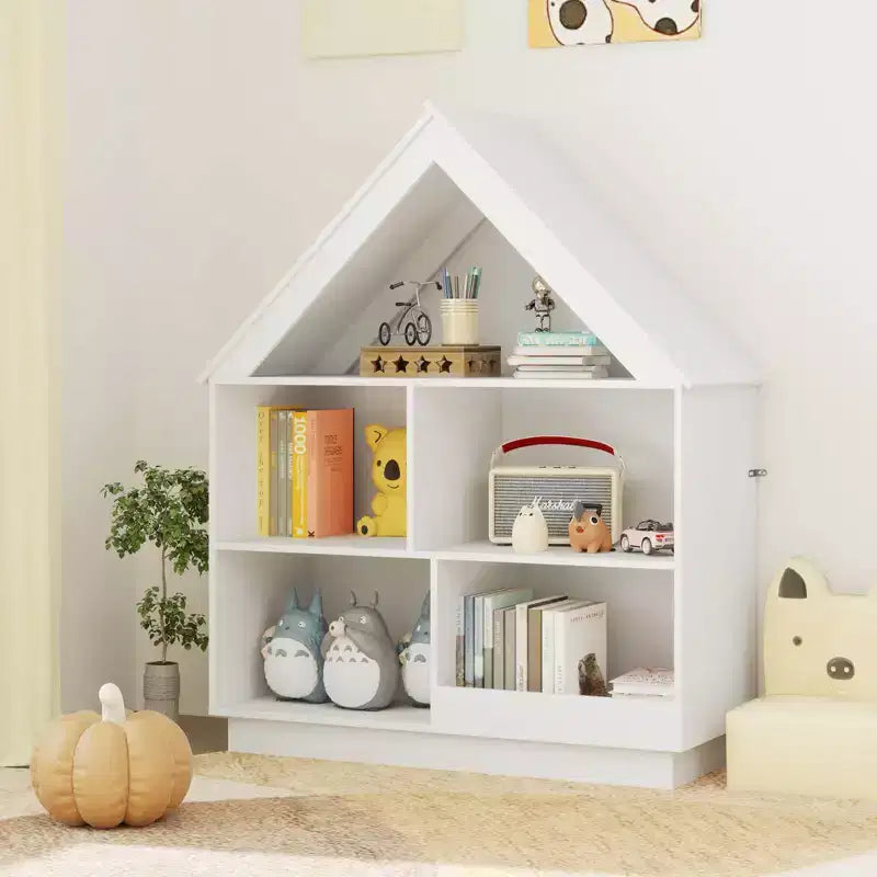 Wooden Kids Dollhouse Bookshelf with Open Shelves, Anti-Toppling System Bookcase, White/Natural