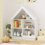 Wooden Kids Dollhouse Bookshelf with Open Shelves, Anti-Toppling System Bookcase, White/Natural