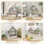 Wooden Kids Dollhouse Bookshelf with Open Shelves, Anti-Toppling System Bookcase, White/Natural