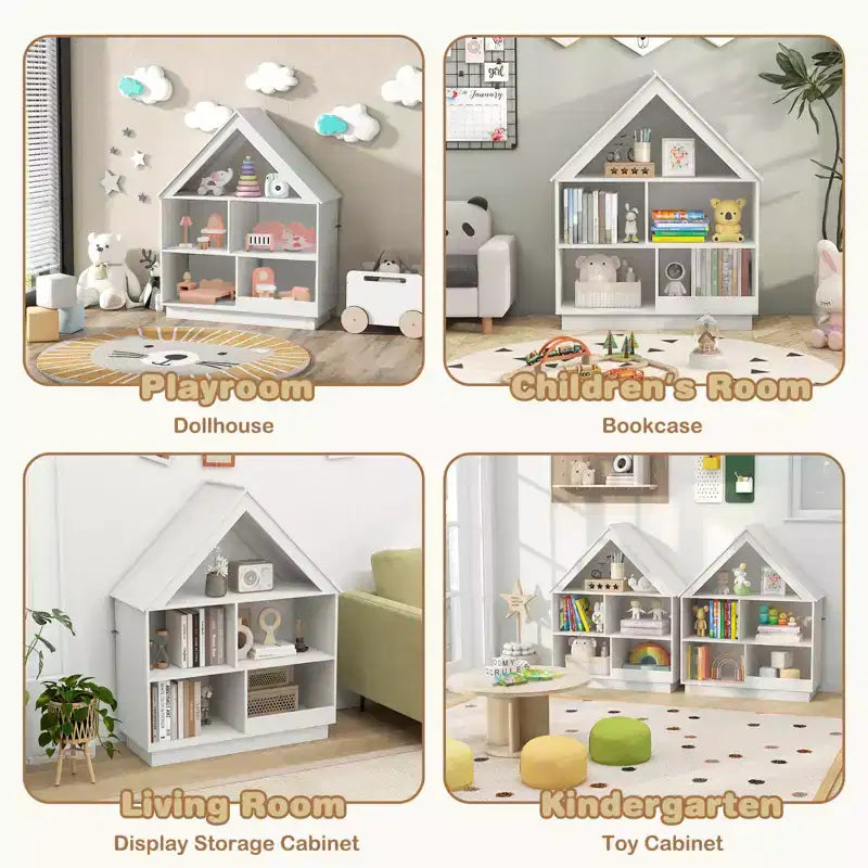Wooden Kids Dollhouse Bookshelf with Open Shelves, Anti-Toppling System Bookcase, White/Natural