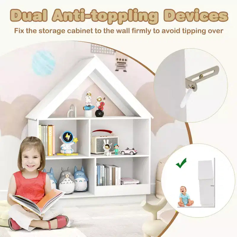 Wooden Kids Dollhouse Bookshelf with Open Shelves, Anti-Toppling System Bookcase, White/Natural
