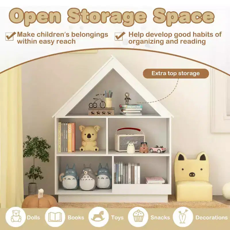Wooden Kids Dollhouse Bookshelf with Open Shelves, Anti-Toppling System Bookcase, White/Natural