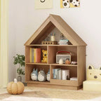 Wooden Kids Dollhouse Bookshelf with Open Shelves, Anti-Toppling System Bookcase, White/Natural