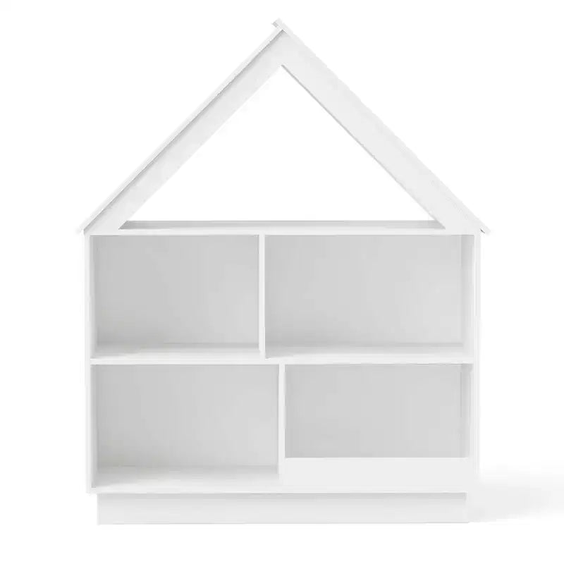 Wooden Kids Dollhouse Bookshelf with Open Shelves, Anti-Toppling System Bookcase, White/Natural