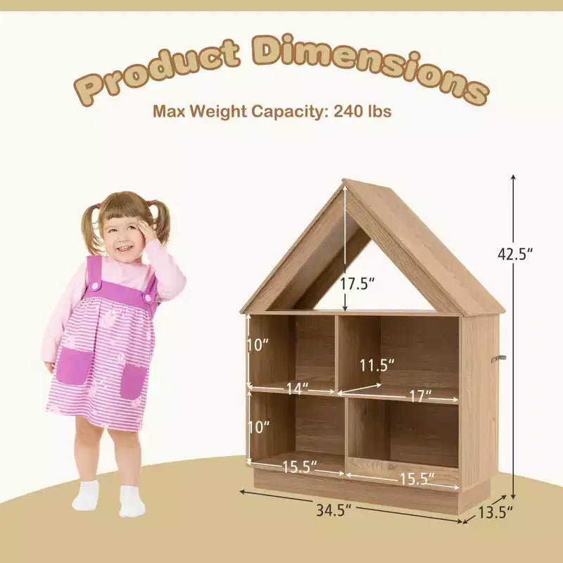 Wooden Kids Dollhouse Bookshelf with Open Shelves, Anti-Toppling System Bookcase, White/Natural
