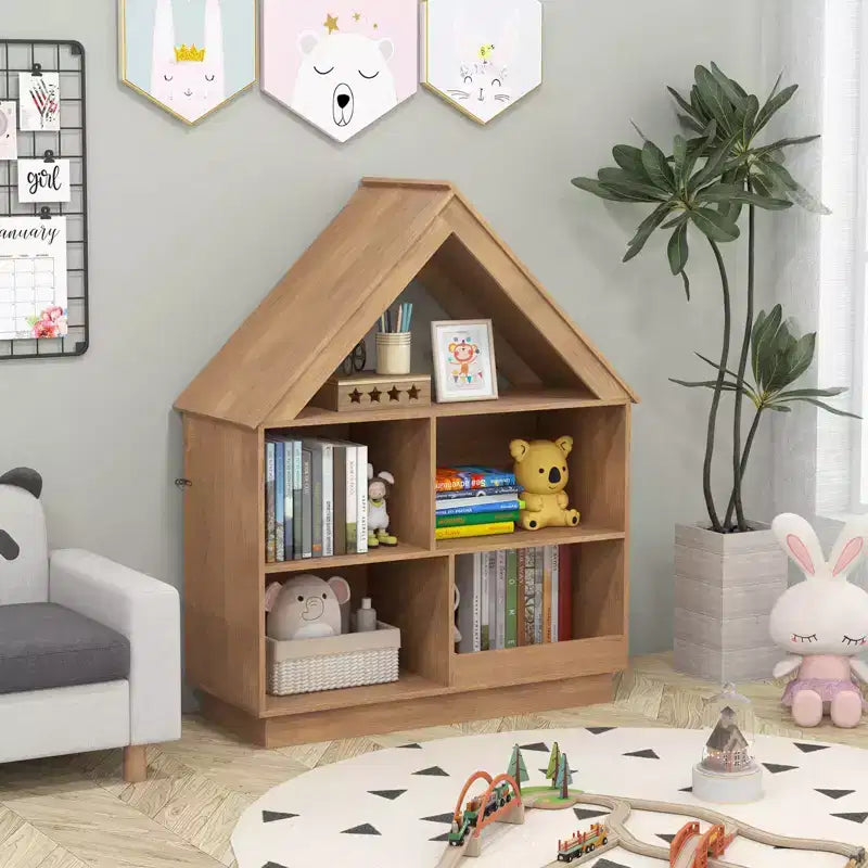 Wooden Kids Dollhouse Bookshelf with Open Shelves, Anti-Toppling System Bookcase, White/Natural