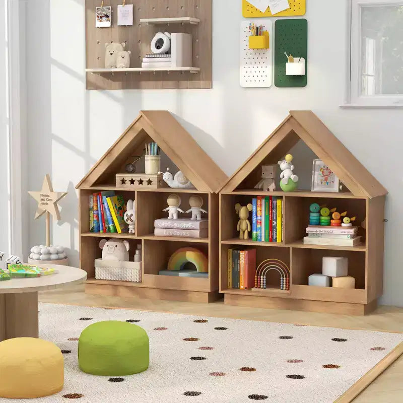 Wooden Kids Dollhouse Bookshelf with Open Shelves, Anti-Toppling System Bookcase, White/Natural