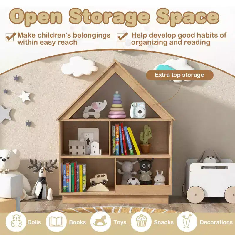 Wooden Kids Dollhouse Bookshelf with Open Shelves, Anti-Toppling System Bookcase, White/Natural