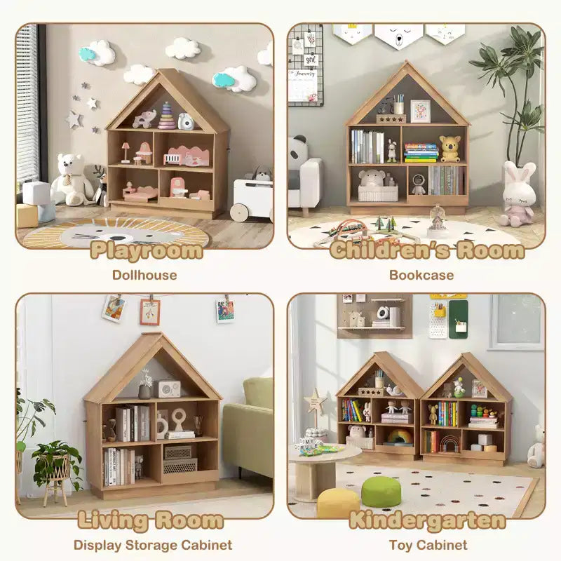 Wooden Kids Dollhouse Bookshelf with Open Shelves, Anti-Toppling System Bookcase, White/Natural