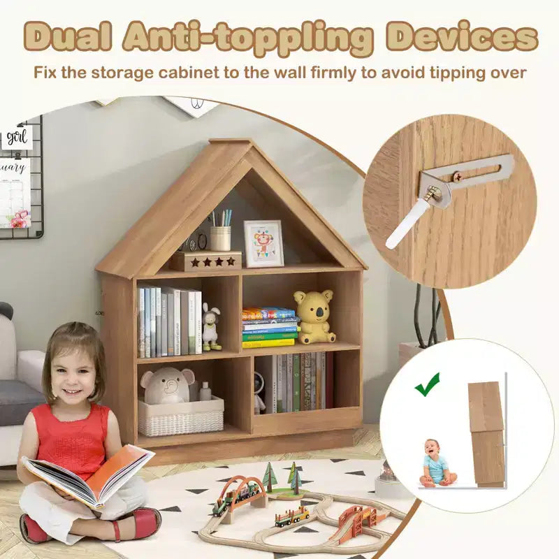 Wooden Kids Dollhouse Bookshelf with Open Shelves, Anti-Toppling System Bookcase, White/Natural