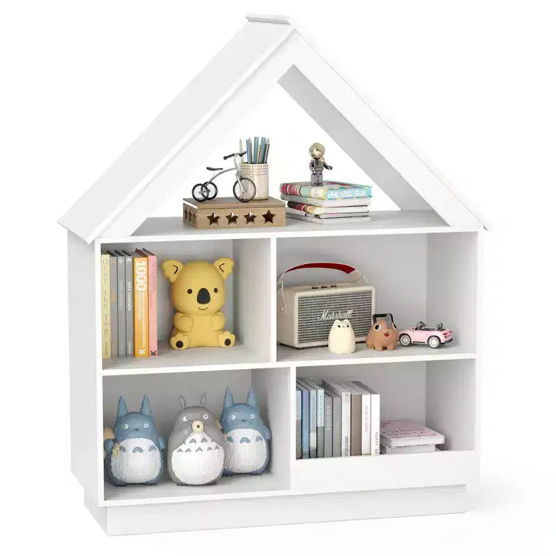 Wooden Kids Dollhouse Bookshelf with Open Shelves, Anti-Toppling System Bookcase, White/Natural
