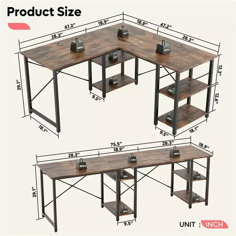 47" L Shaped Computer Desk, Reversible Corner Office Desk with Adjustable Shelves, Writing Study Table for 2 Person, Home Office, Small Space