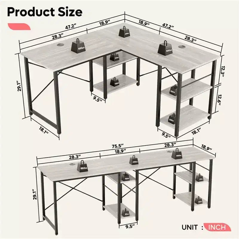 47" L Shaped Computer Desk, Reversible Corner Office Desk with Adjustable Shelves, Writing Study Table for 2 Person, Home Office, Small Space