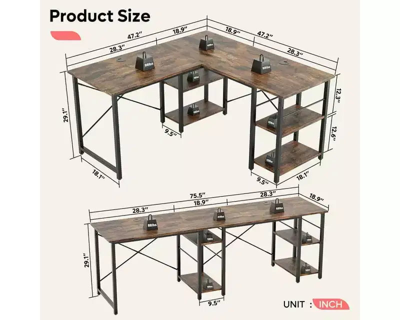 47" L Shaped Computer Desk, Reversible Corner Office Desk with Adjustable Shelves, Writing Study Table for 2 Person, Home Office, Small Space