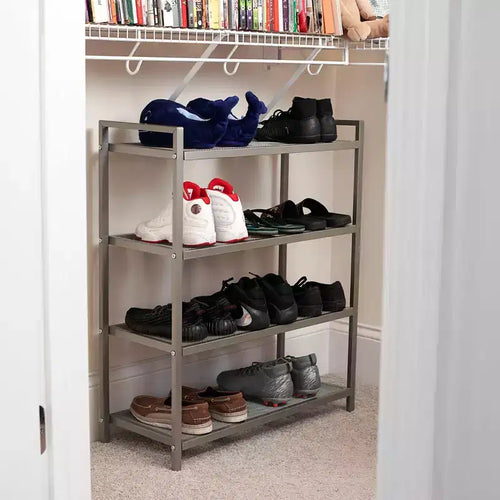 4-Tier Metal Shoe Rack, Stretched Metal Shelving with Center Supports, Durable Frame with Handles, 12 Pair Capacity, Nickel