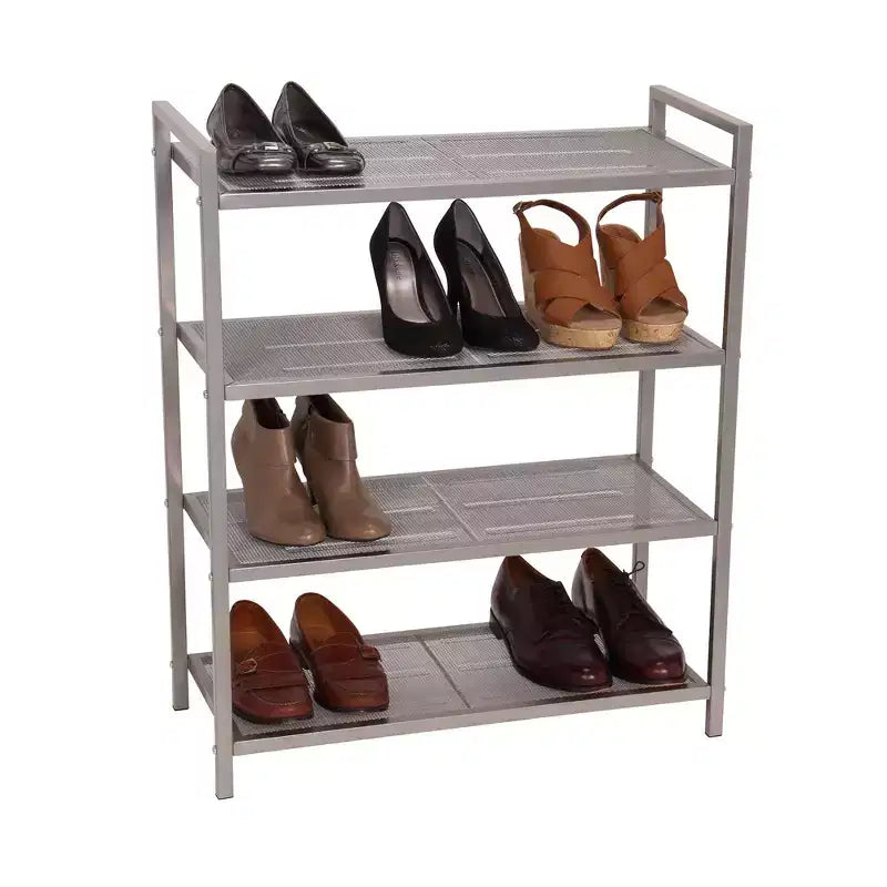 4-Tier Metal Shoe Rack, Stretched Metal Shelving with Center Supports, Durable Frame with Handles, 12 Pair Capacity, Nickel