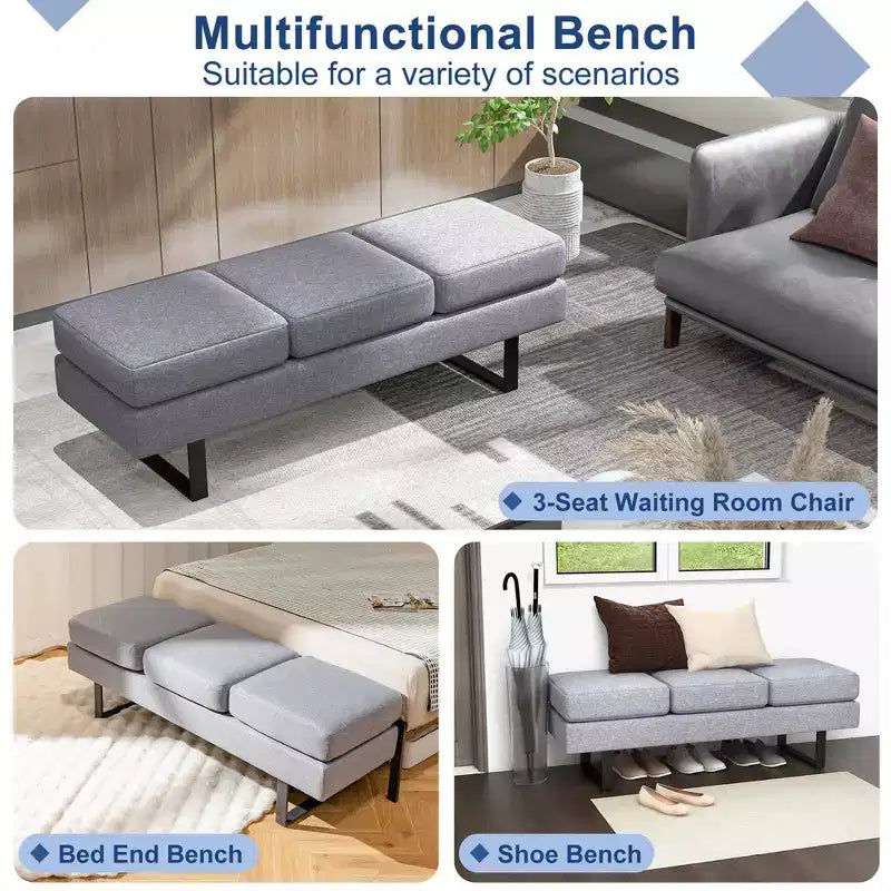 Waiting Room Bench Seating with Metal Frame Leg, Upholstered Reception Bench, Black/Gray