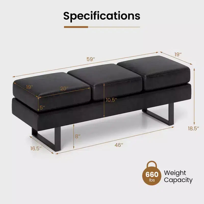 Waiting Room Bench Seating with Metal Frame Leg, Upholstered Reception Bench, Black/Gray
