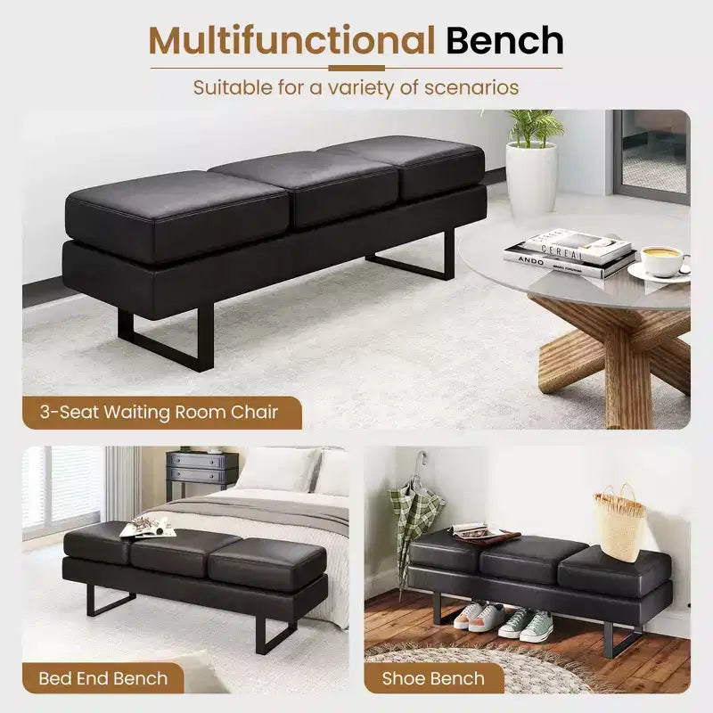 Waiting Room Bench Seating with Metal Frame Leg, Upholstered Reception Bench, Black/Gray