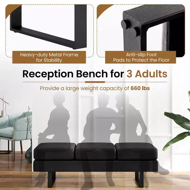 Waiting Room Bench Seating with Metal Frame Leg, Upholstered Reception Bench, Black/Gray