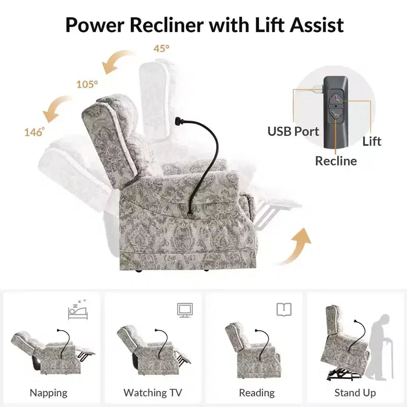 Lift Assist Power Recliner with Massage, Heat and Manual Headrest