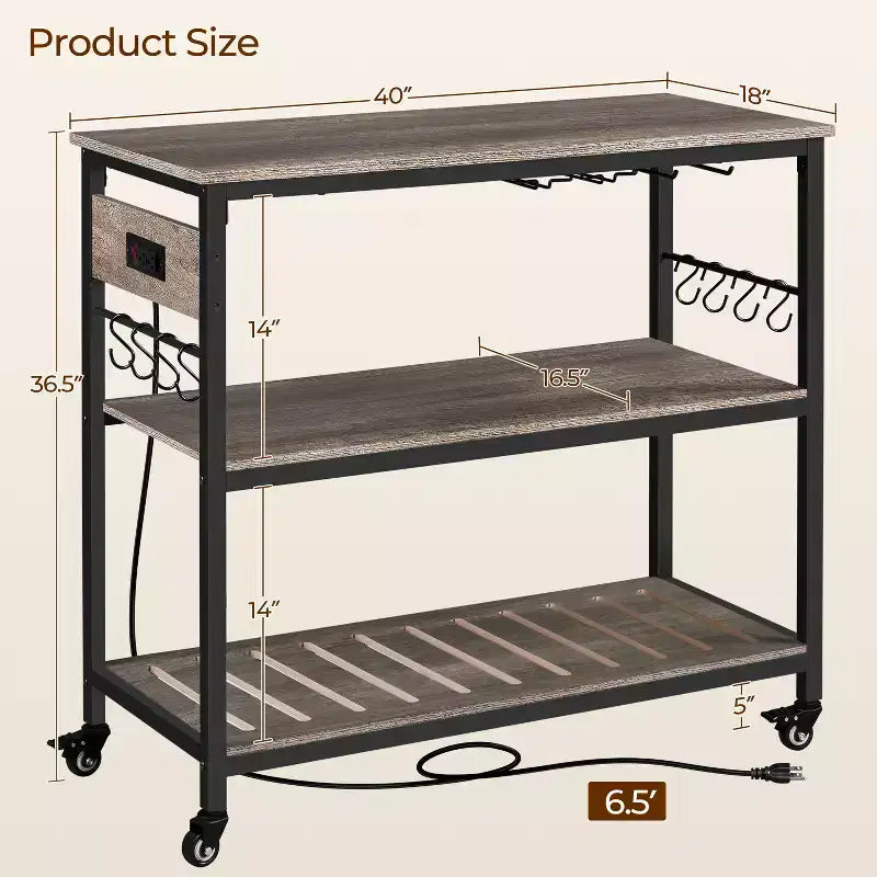 Rolling Kitchen Island with Charging Station and Glass Holders