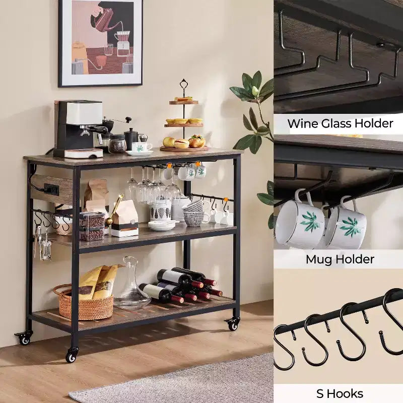 Rolling Kitchen Island with Charging Station and Glass Holders