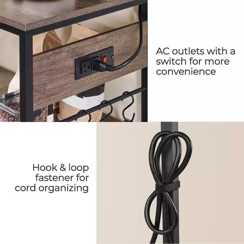 Rolling Kitchen Island with Charging Station and Glass Holders