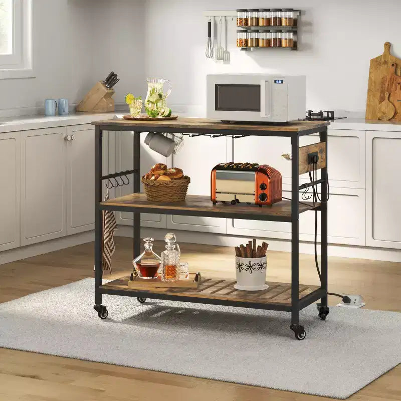 Rolling Kitchen Island with Charging Station and Glass Holders