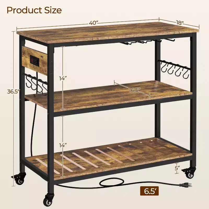 Rolling Kitchen Island with Charging Station and Glass Holders