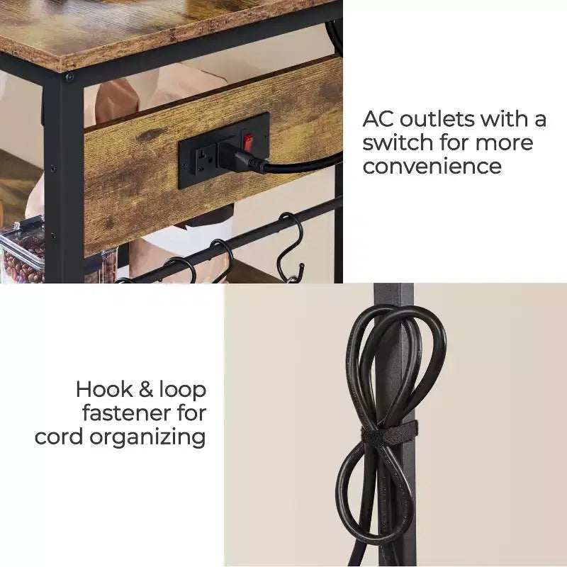 Rolling Kitchen Island with Charging Station and Glass Holders