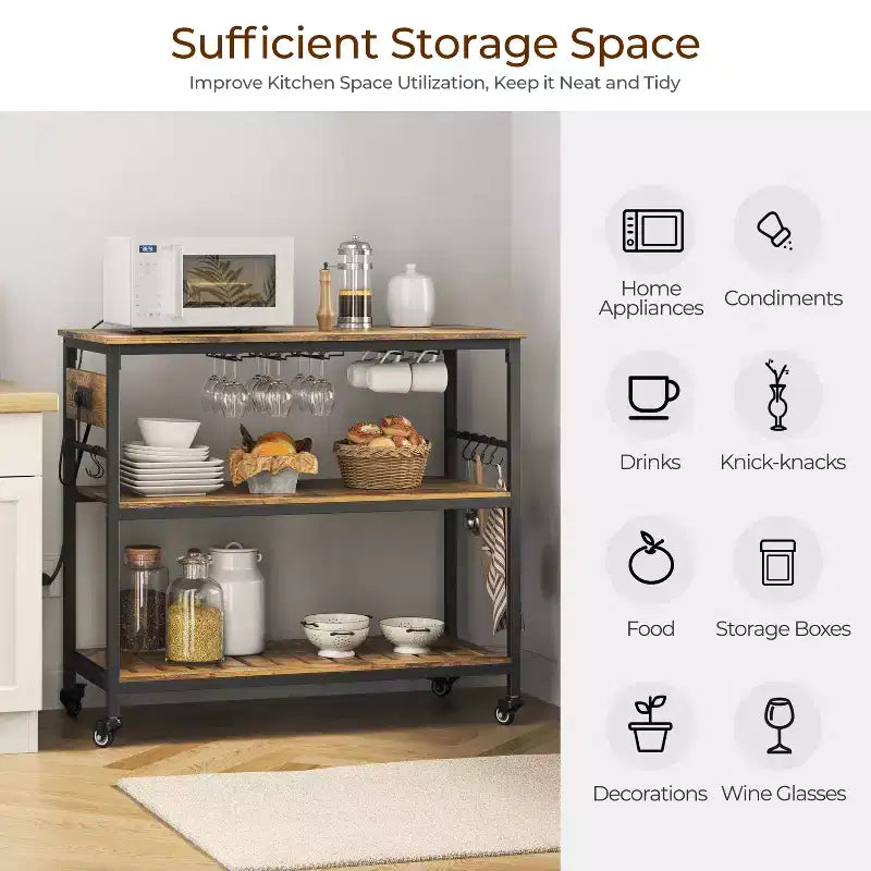 Rolling Kitchen Island with Charging Station and Glass Holders