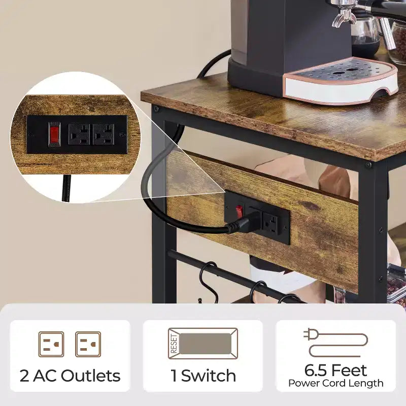 Rolling Kitchen Island with Charging Station and Glass Holders