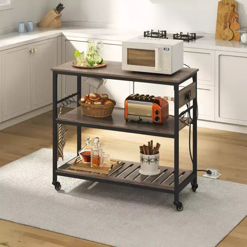 Rolling Kitchen Island with Charging Station and Glass Holders